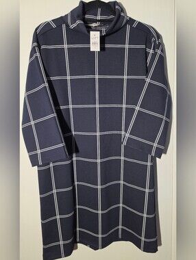 LOFT Navy and White Windowpane Tunic Dress